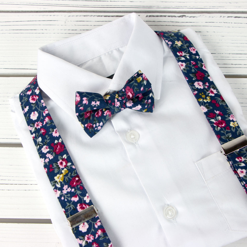 Boys' Floral Cotton Suspenders and Bow Tie Set, Navy (Color F23)