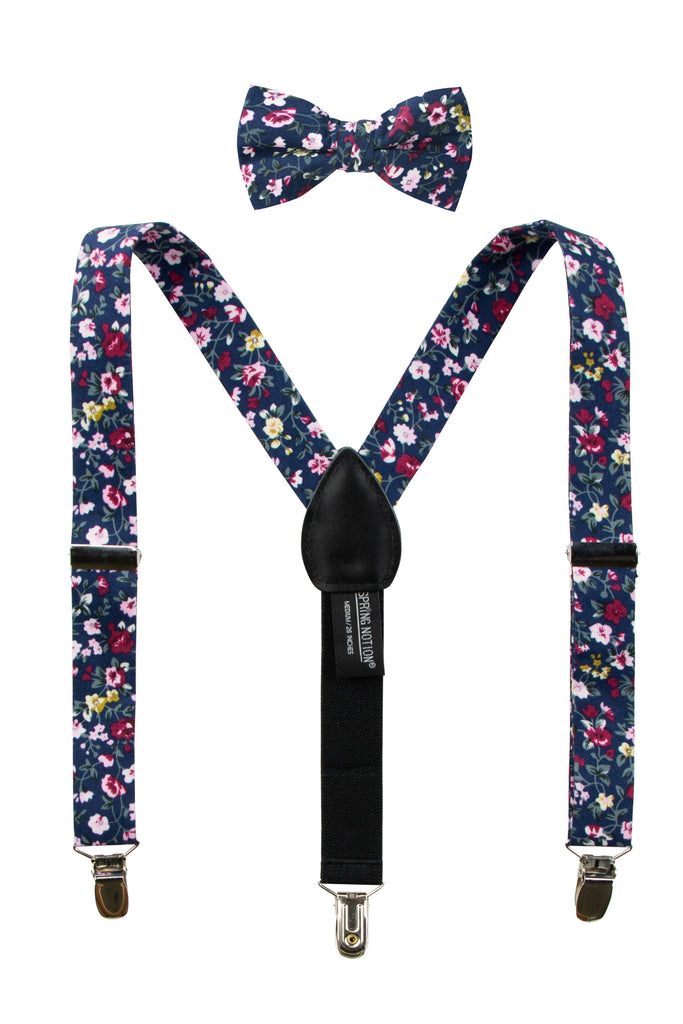 Boys' Floral Cotton Suspenders and Bow Tie Set, Navy (Color F23)