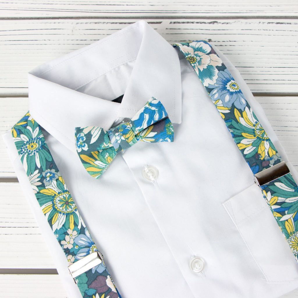 Boys' Floral Cotton Suspenders and Bow Tie Set, Blue (Color F31)