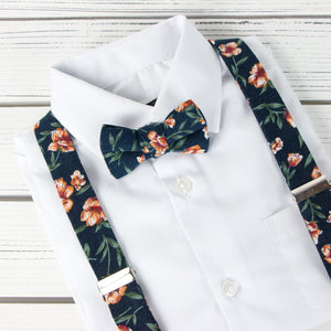 Boys' Floral Cotton Suspenders and Bow Tie Set, Navy Orange (Color F35)