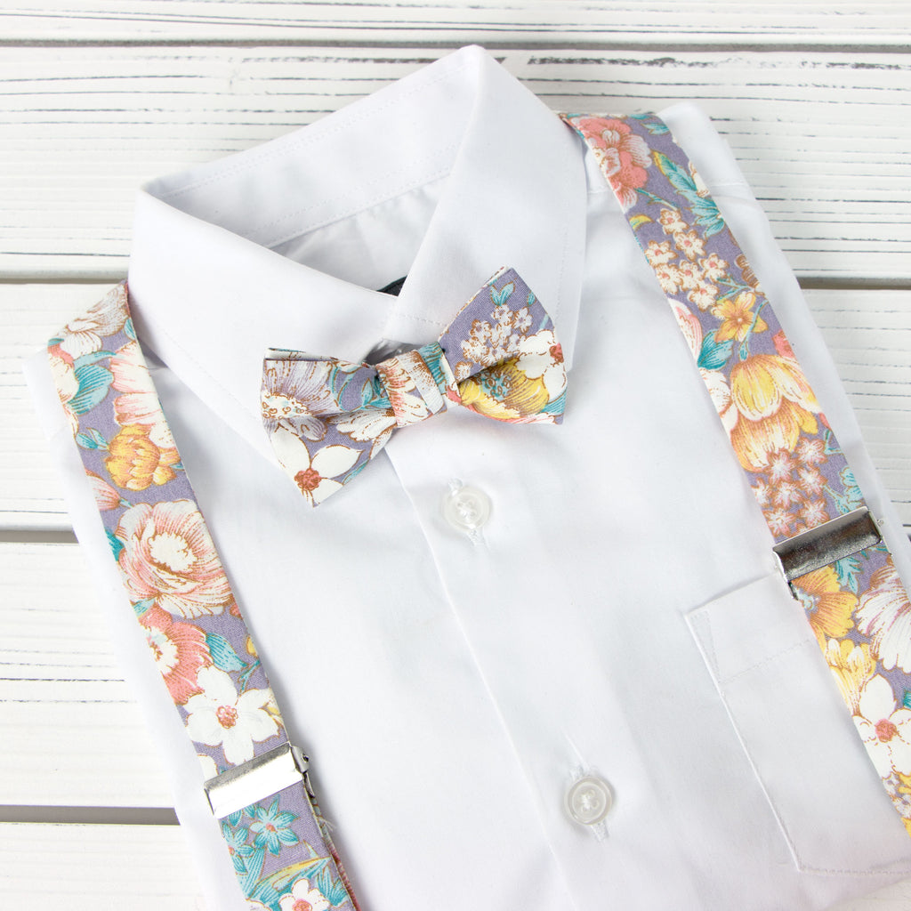 Boys' Floral Cotton Suspenders and Bow Tie Set, Lavender Haze (Color F53)