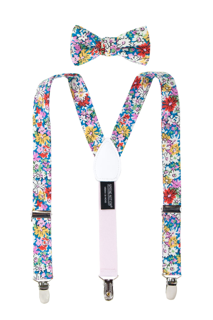 Boys' Floral Cotton Suspenders and Bow Tie Set, Blue/Yellow (Color F70)