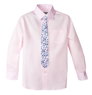Boys' Marshmallow Pink Cotton Blend Dress Shirt and Skinny Floral Cotton Necktie (Color F28)