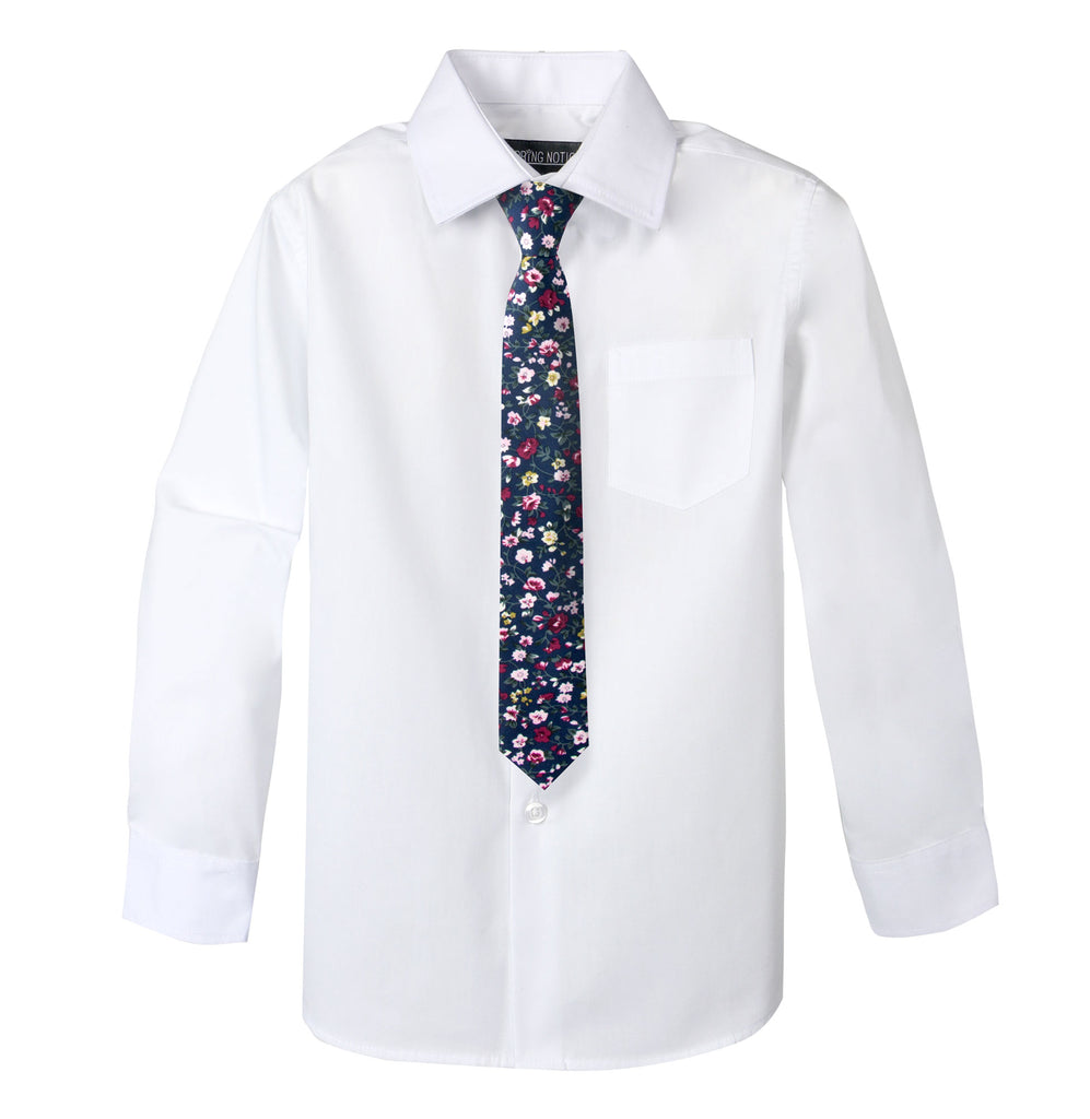 Boys' White Cotton Blend Dress Shirt and Skinny Floral Necktie (Color F23)