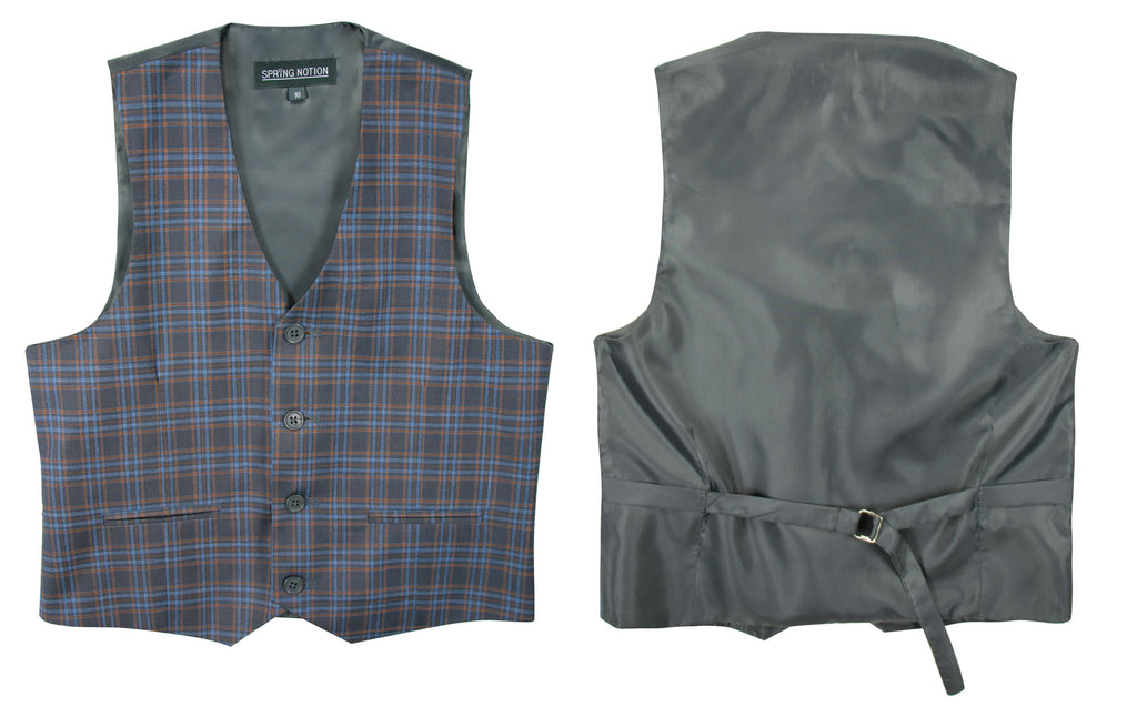 Boys' Plaid Checkers Tartan Suit Vest Waistcoat Brown Blue