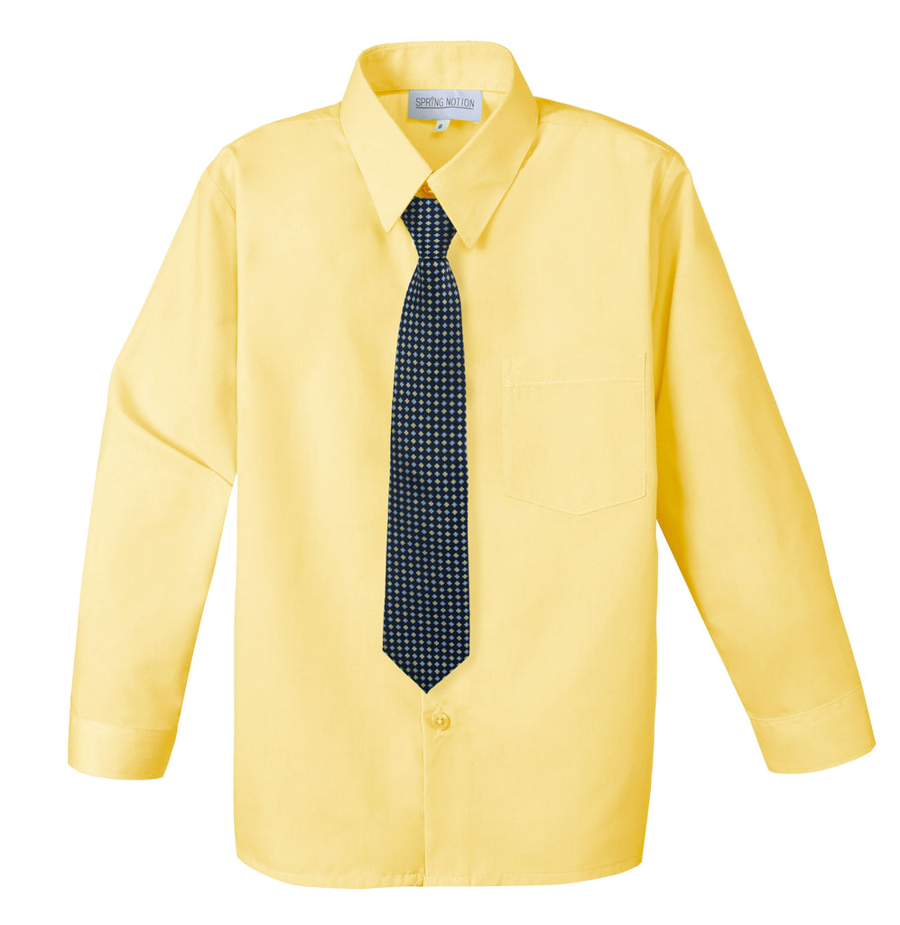 Boys' Yellow Cotton Blend Dress Shirt and Tie Set (Color 08)