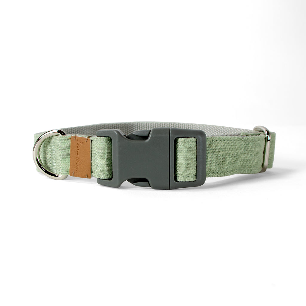 Linen Blend Dog Collar with Strong Buckle, Green Tea