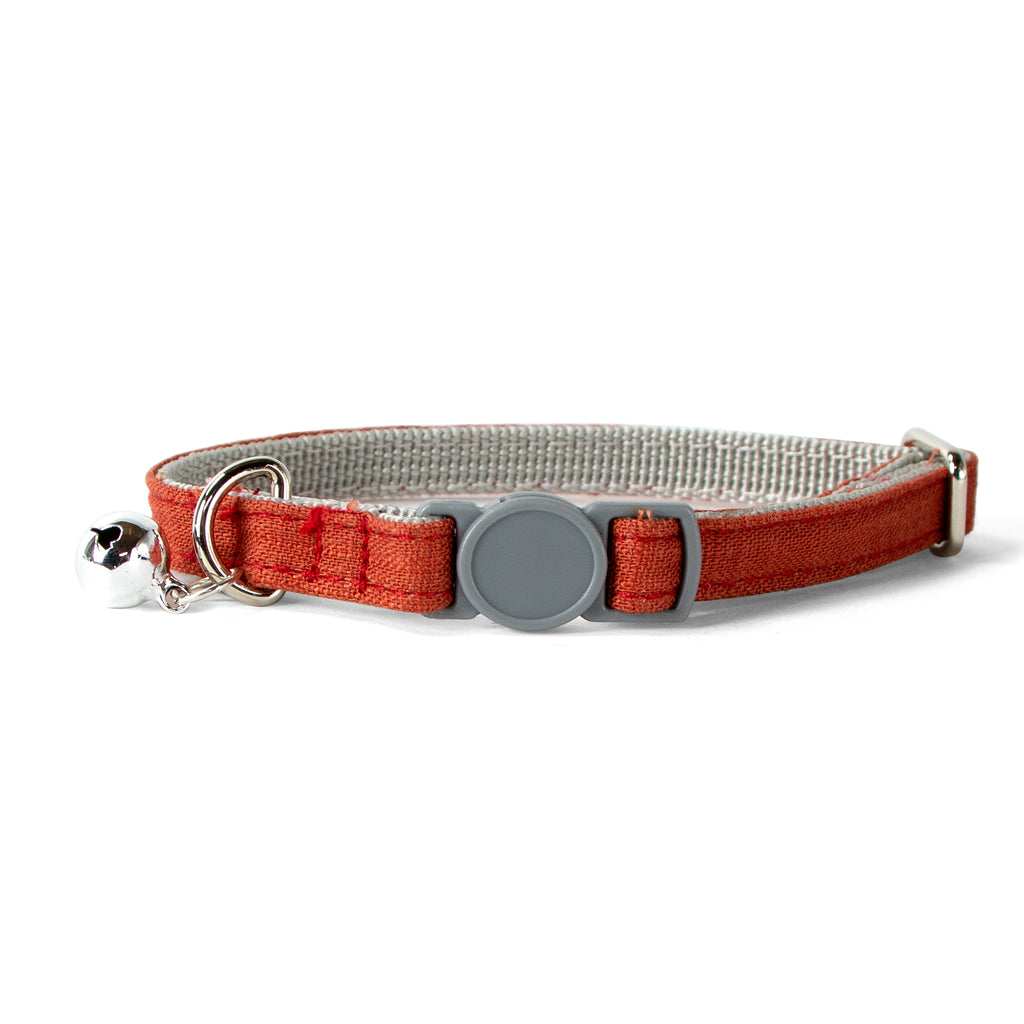 Linen Blend Adjustable Cat Collar with Breakaway Quick Release Buckle and Bell, Rust