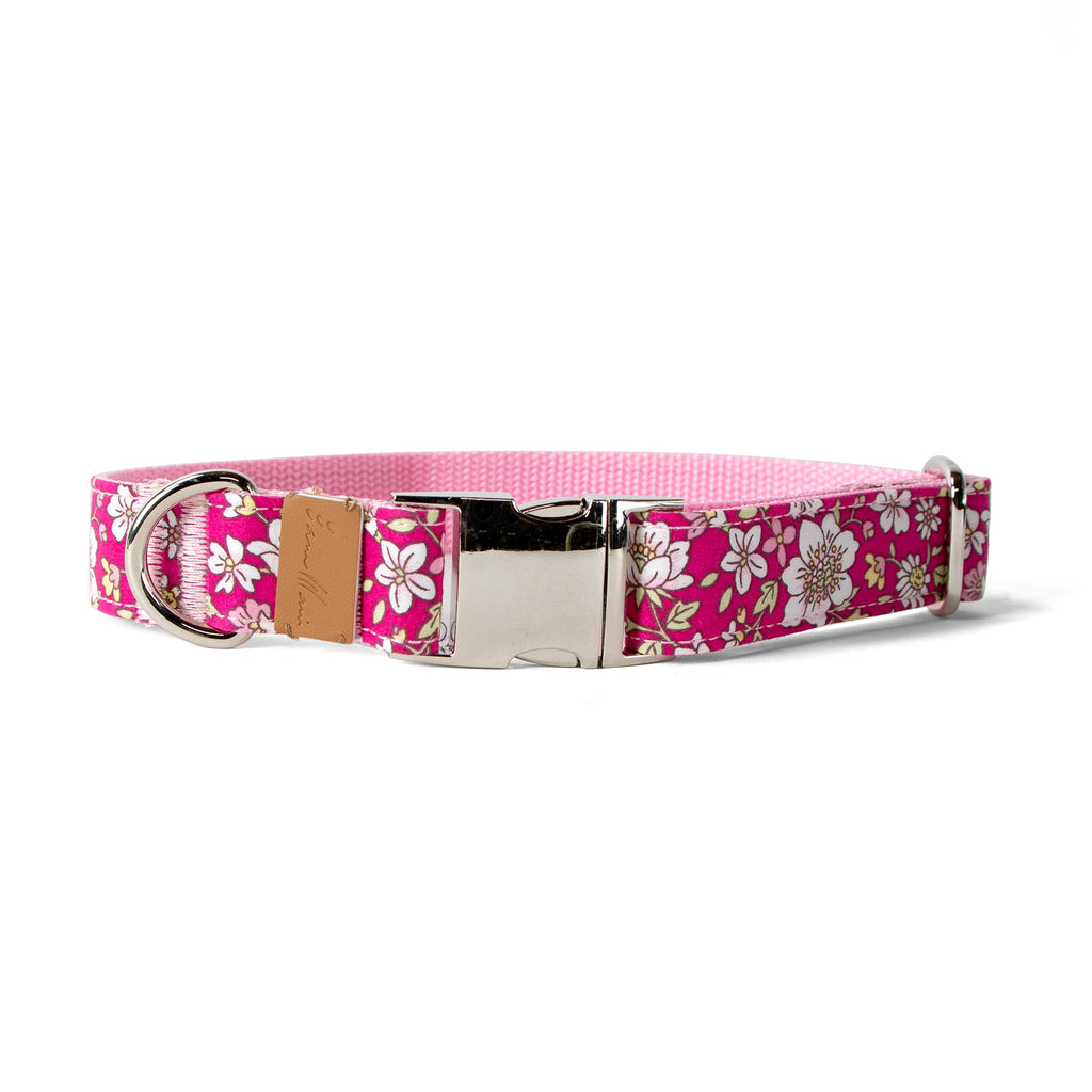 Cotton Floral Dog Collar with Shiny Chrome Silver Metal Buckle, 04-Pink
