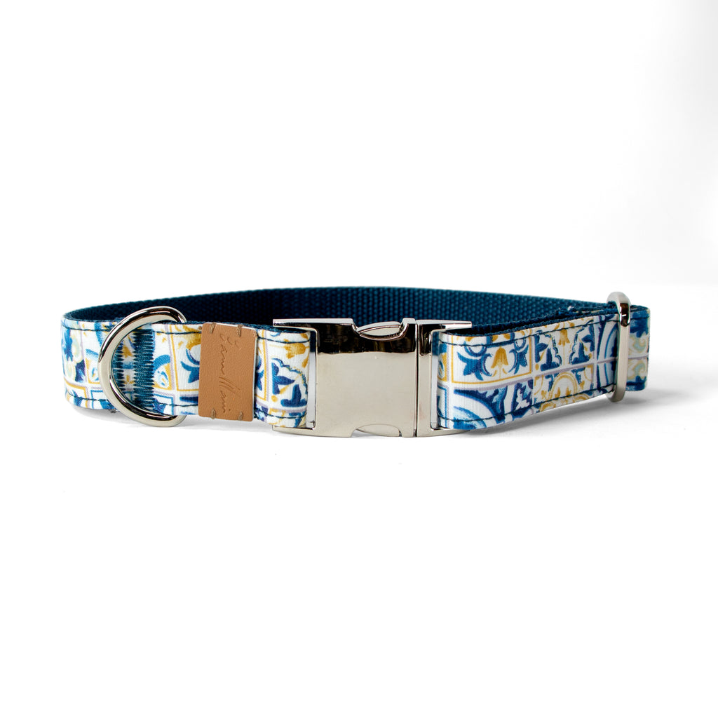 Cotton Floral Dog Collar with Shiny Chrome Silver Metal Buckle, 06-Light Blue