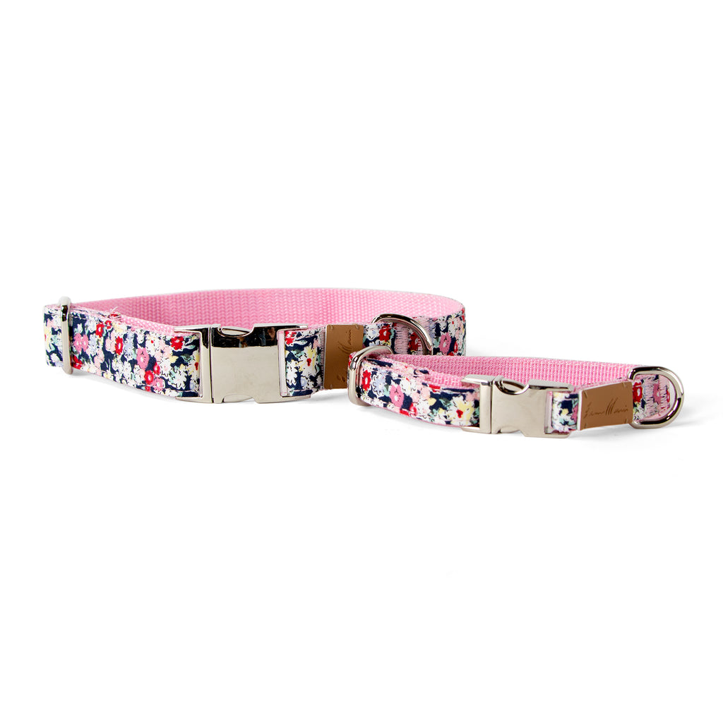 Cotton Floral Dog Collar with Shiny Chrome Silver Metal Buckle, 08-Navy Blue