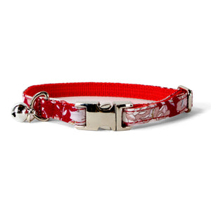 Cotton Floral Adjustable Cat Collar with Shiny Chrome Silver Buckle and Bell, 11-Red