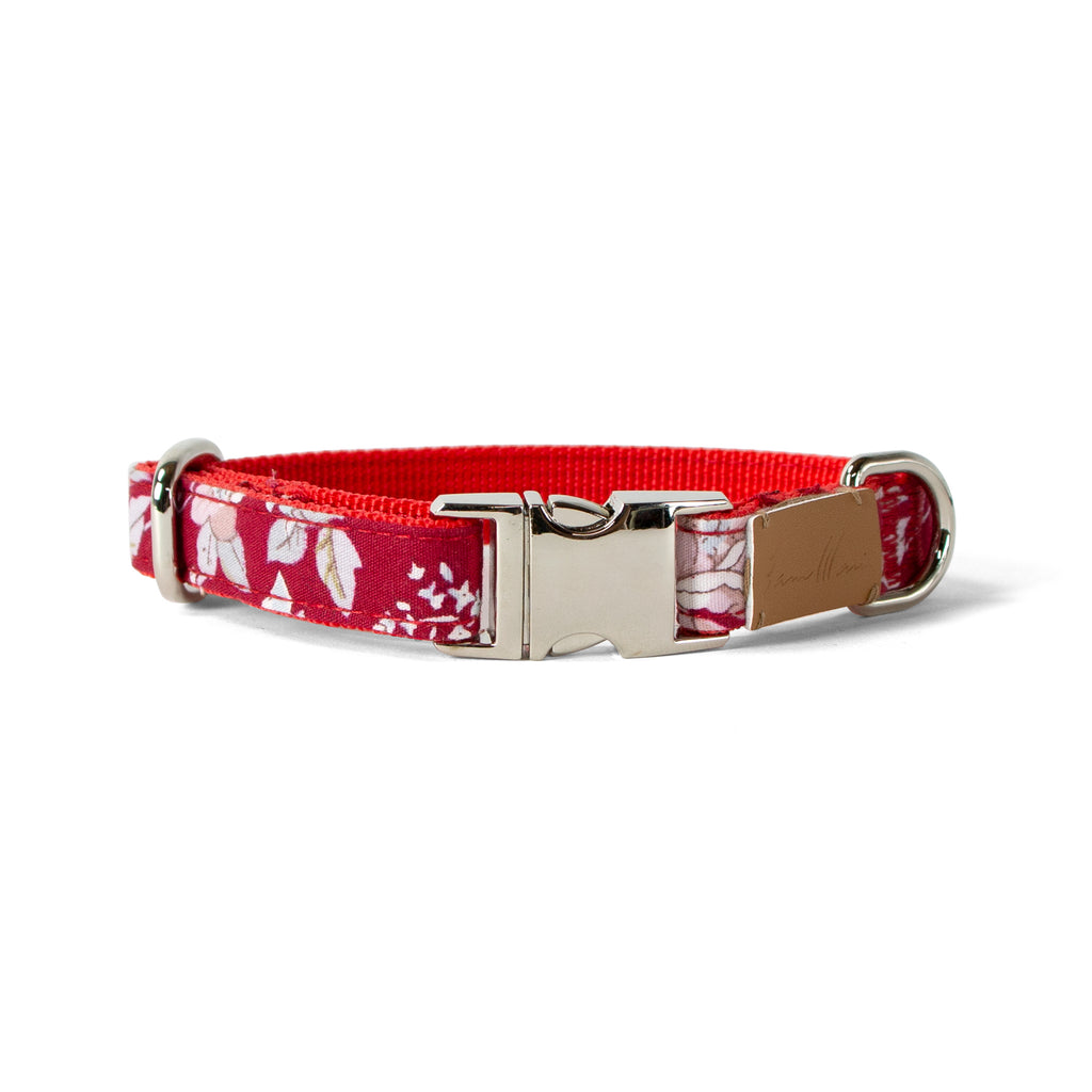 Cotton Floral Dog Collar with Shiny Chrome Silver Metal Buckle, 11-Red