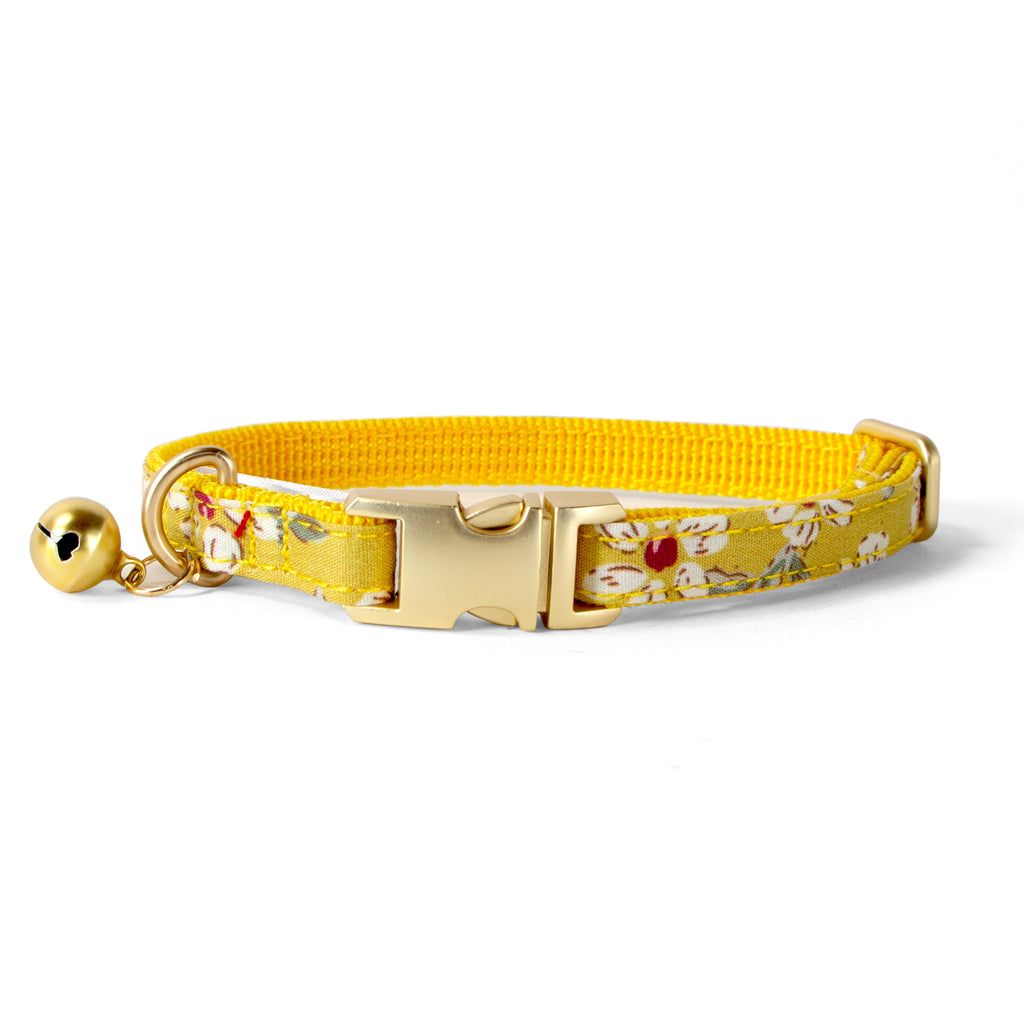Cotton Floral Adjustable Cat Collar with Matt Gold Buckle and Bell, 13-Mustard