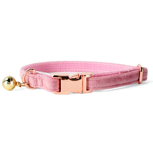 Velvet Adjustable Cat Collar with Metal Rose Gold Buckle and Bell, Rose Pink