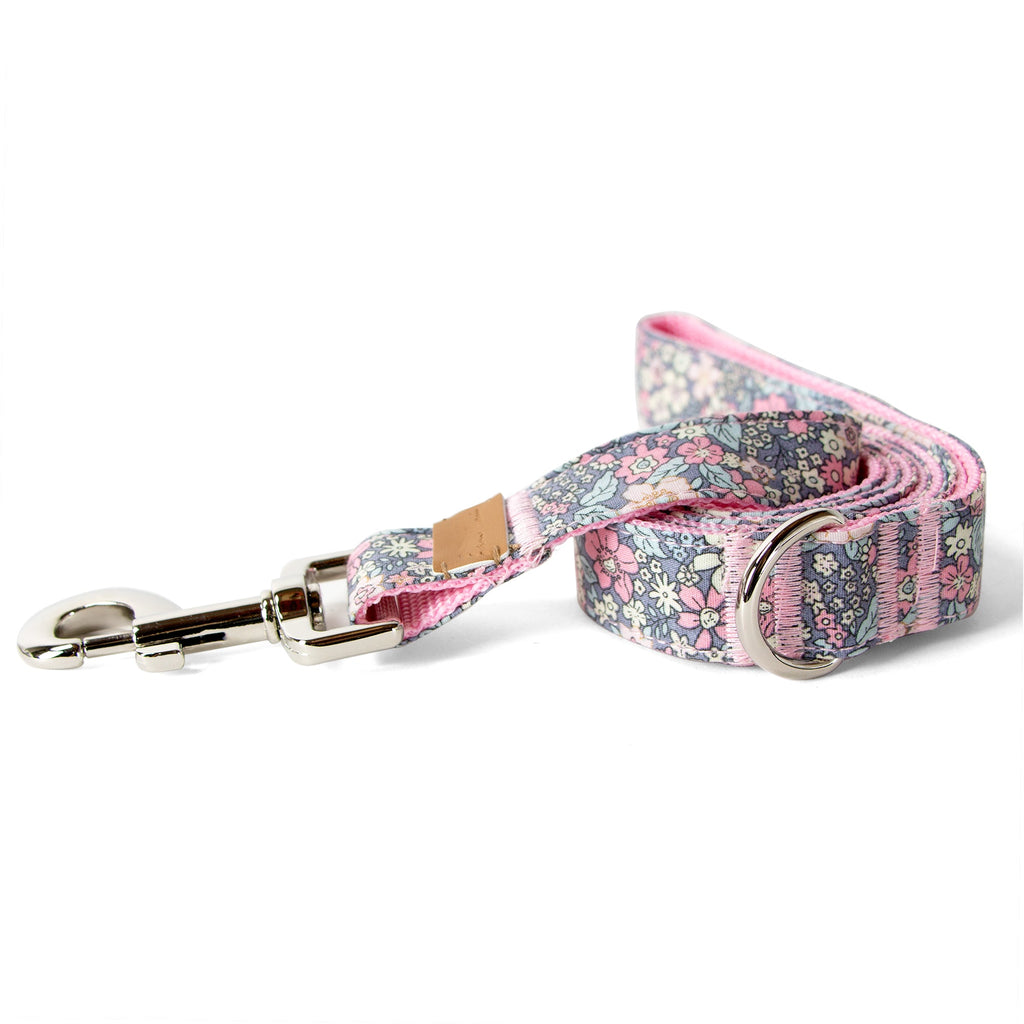 Cotton Floral Dog Leash with Shiny Chrome Silver Metal Snap and D-Ring, 02-Blue