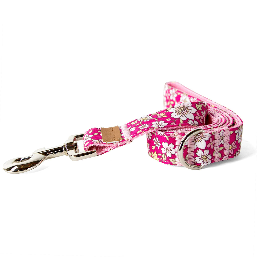 Cotton Floral Dog Leash with Shiny Chrome Silver Metal Snap and D-Ring, 04-Pink