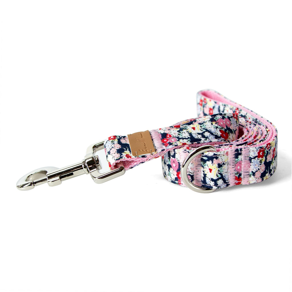 Cotton Floral Dog Leash with Shiny Chrome Silver Metal Snap and D-Ring, 08-Navy Blue