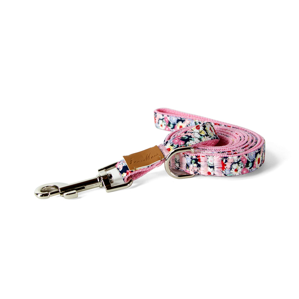 Cotton Floral Dog Leash with Shiny Chrome Silver Metal Snap and D-Ring, 08-Navy Blue