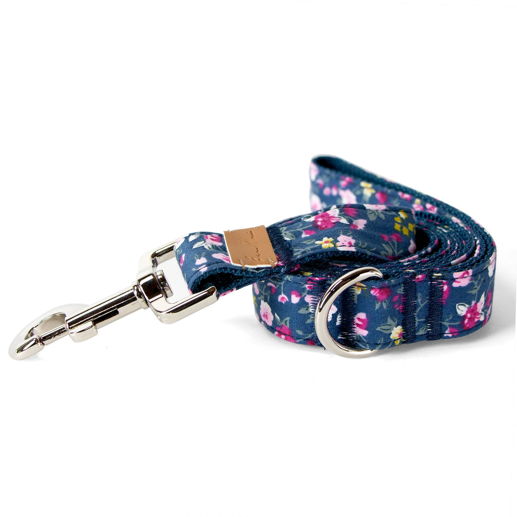 Cotton Floral Dog Leash with Shiny Chrome Silver Metal Snap and D-Ring, 14-Navy