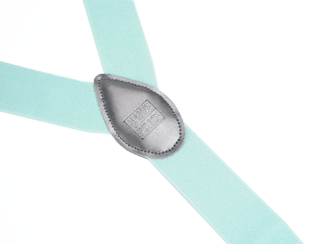 men's aqua blue green elastic stretch suspenders with genuine leather crosspatch with subtle Spring Notion branding