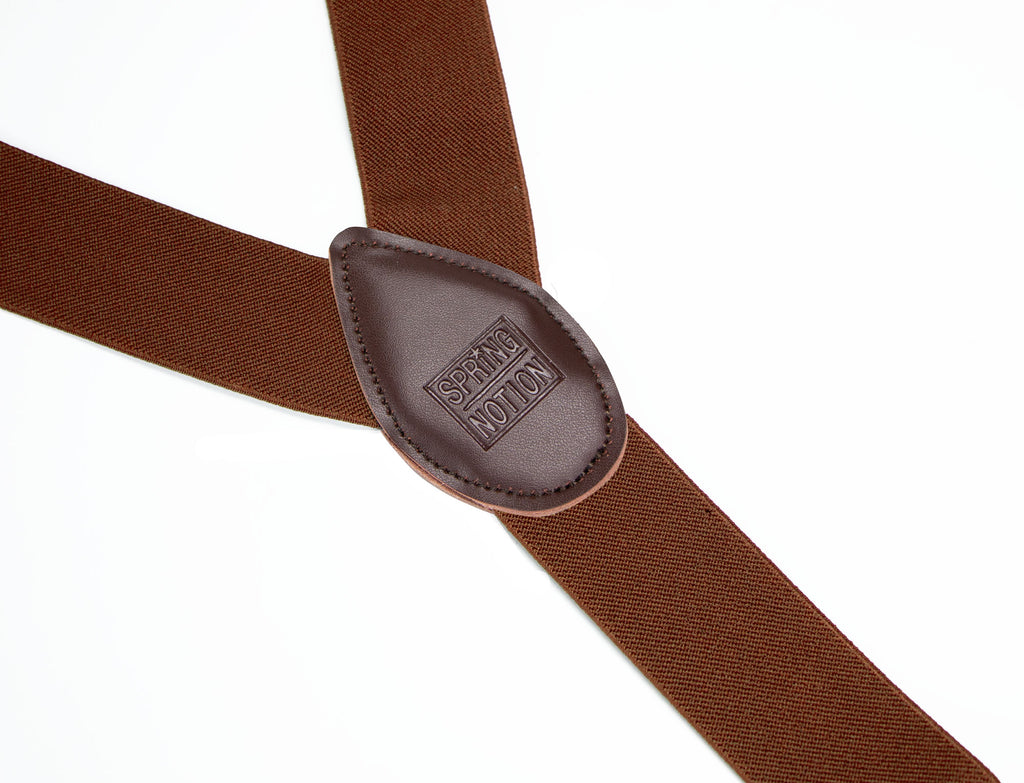 men's brown elastic stretch suspenders with genuine leather crosspatch with subtle Spring Notion branding