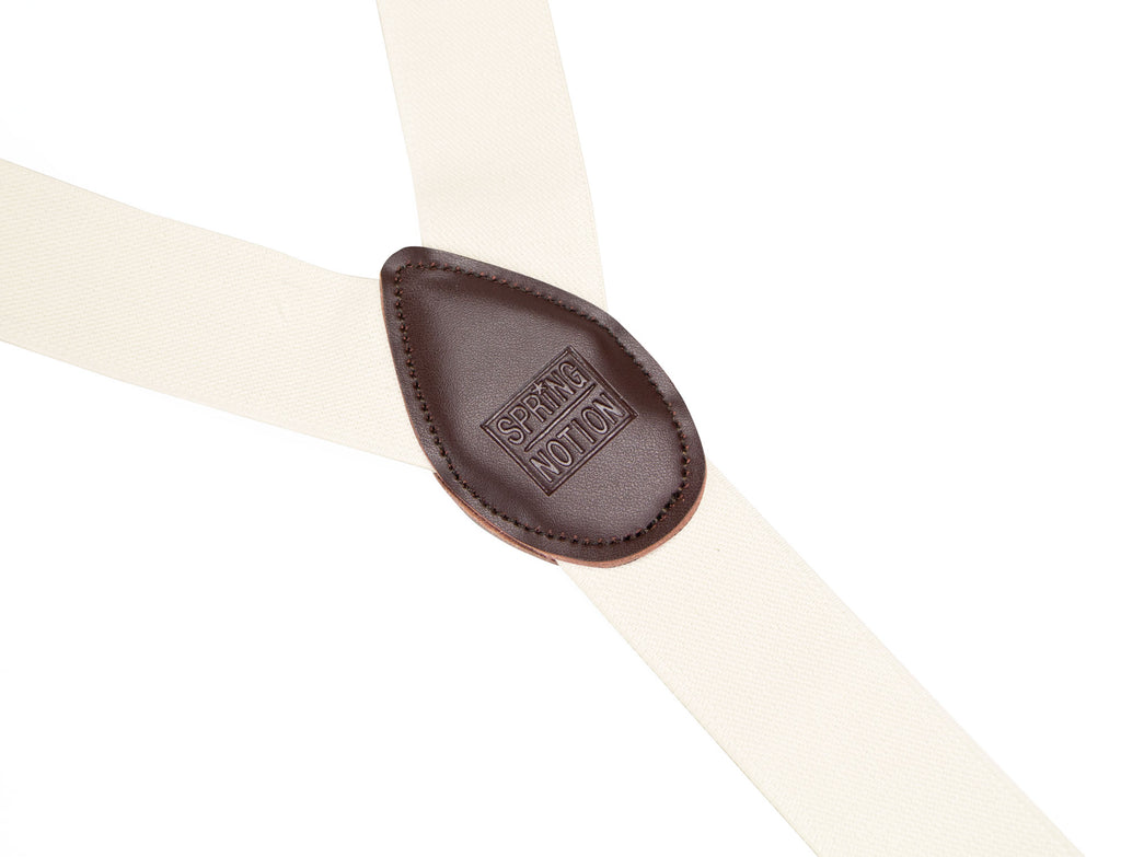 men's ivory elastic stretch suspenders with genuine leather crosspatch with subtle Spring Notion branding