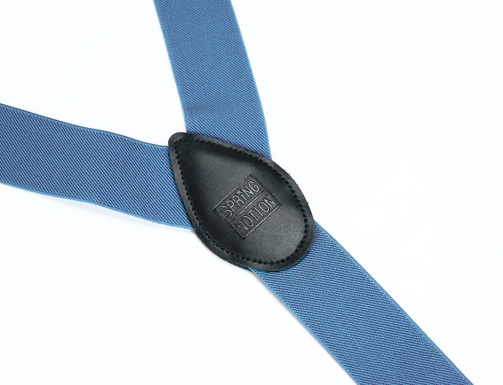 men's steel blue elastic stretch suspenders with genuine leather crosspatch with subtle Spring Notion branding