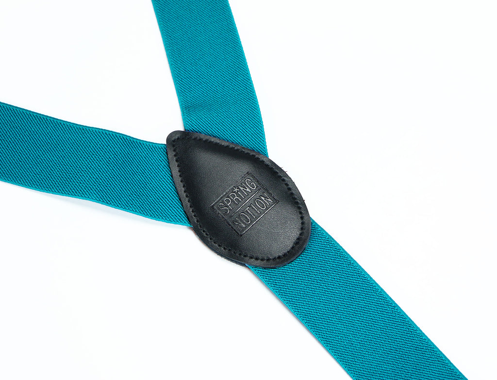 men's teal blue green elastic stretch suspenders with genuine leather crosspatch with subtle Spring Notion branding