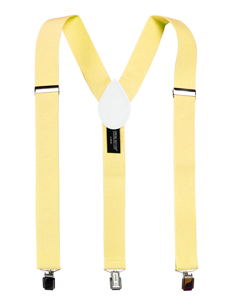 men's yellow elastic stretch suspenders with genuine leather crosspatch with subtle Spring Notion branding