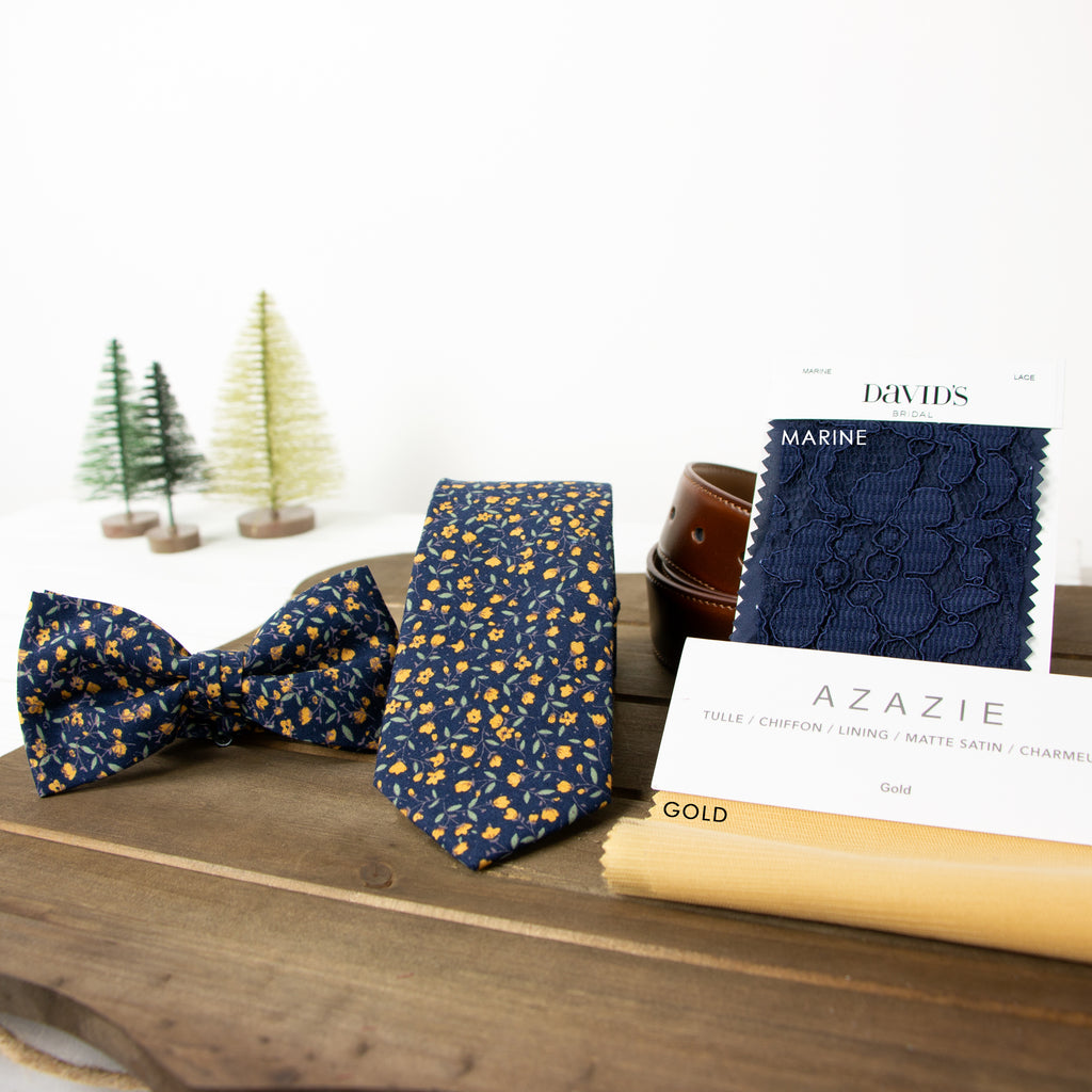 Men's Cotton Floral Print Bow Tie, Navy (Color F11)