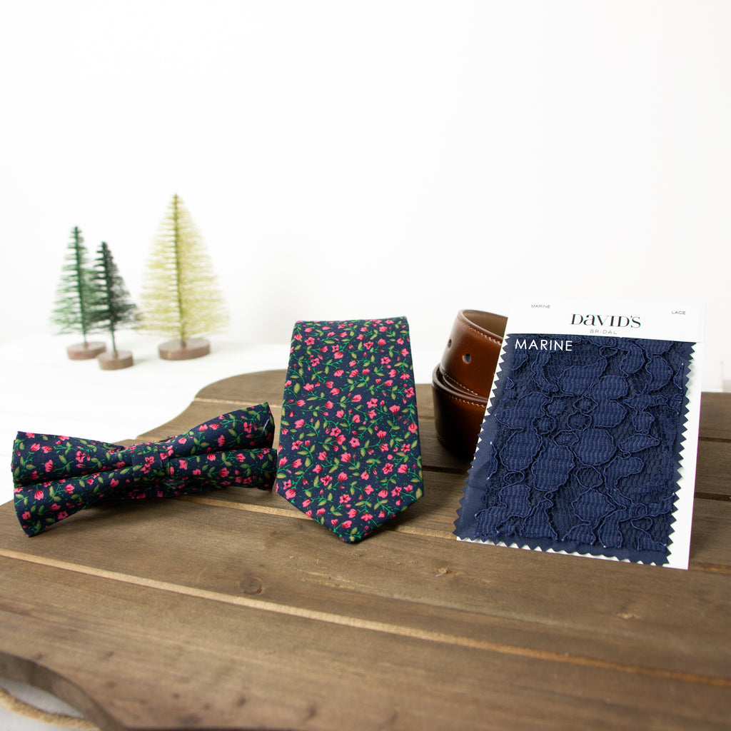 Men's Cotton Floral Print Bow Tie, Navy (Color F12)