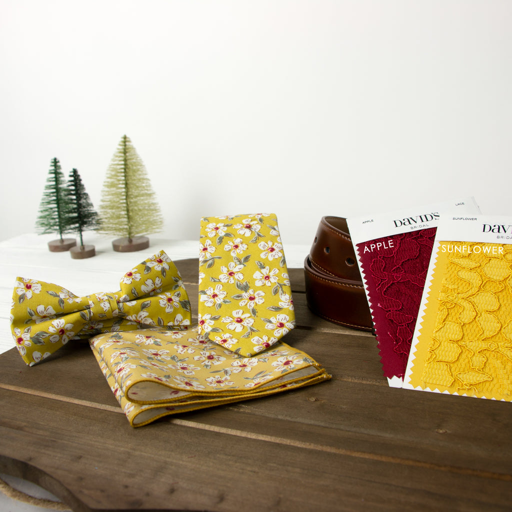 Men's Cotton Floral Print Bow Tie, Mustard (Color F32)