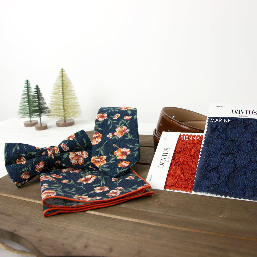 Men's Floral Cotton Suspenders and Bow Tie Set, Navy Orange (Color F35)