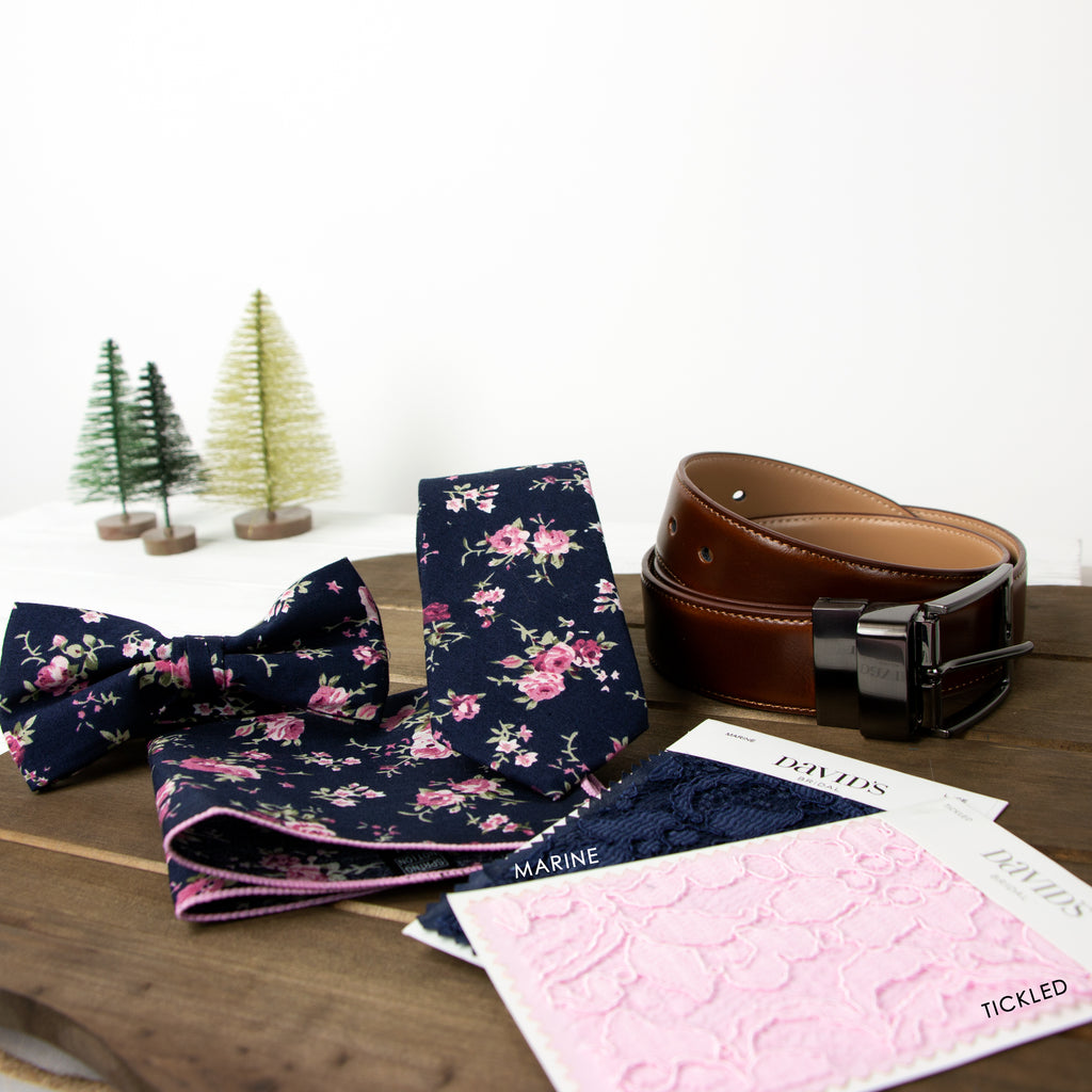 Men's Cotton Floral Print Pocket Square, Navy/Pink (Color F38)