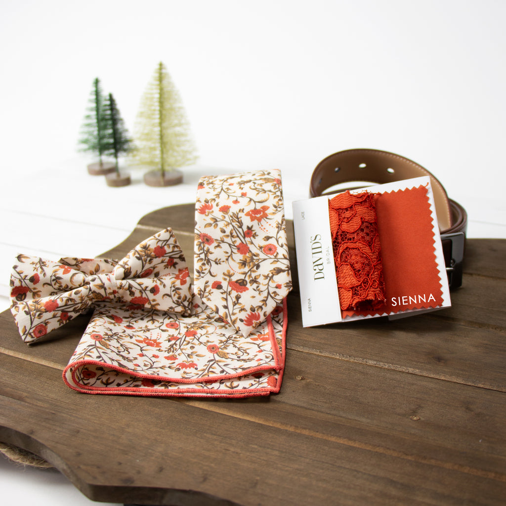 Men's Floral Cotton Suspenders and Bow Tie Set, Sienna (Color F43)