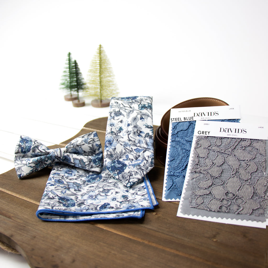 Men's Cotton Floral Print Bow Tie, Steel Blue (Color F54)