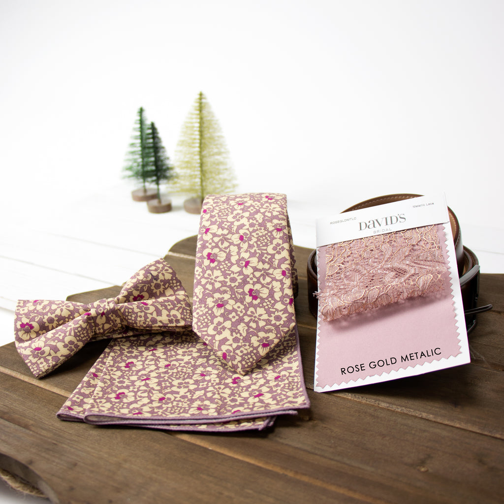 Men's Cotton Printed Floral Skinny Tie, Rose Gold (Color F55)