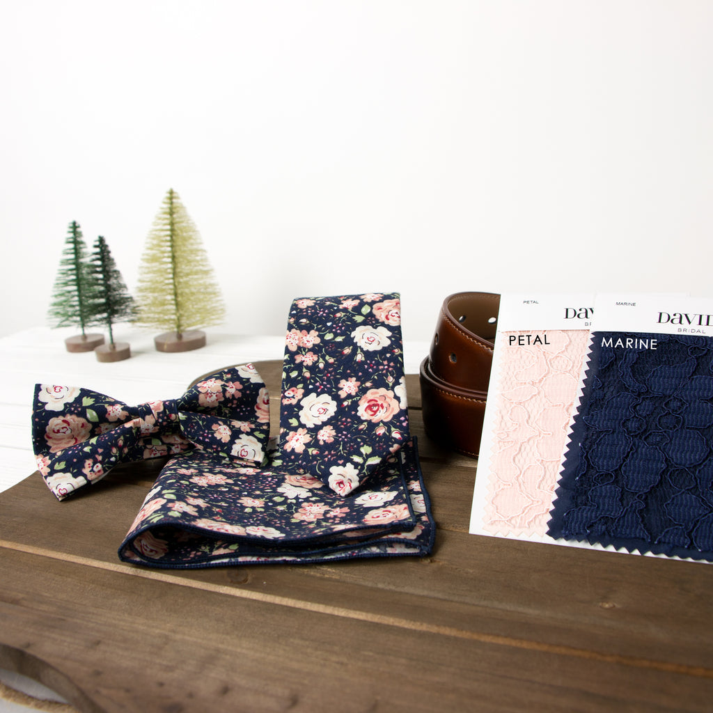 Men's Floral Cotton Suspenders and Bow Tie Set, Navy/Pink (Color F59)