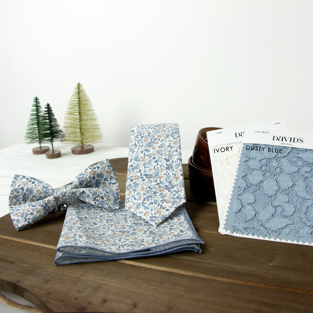 Men's Cotton Printed Floral Skinny Tie, Steel Blue (Color F67)