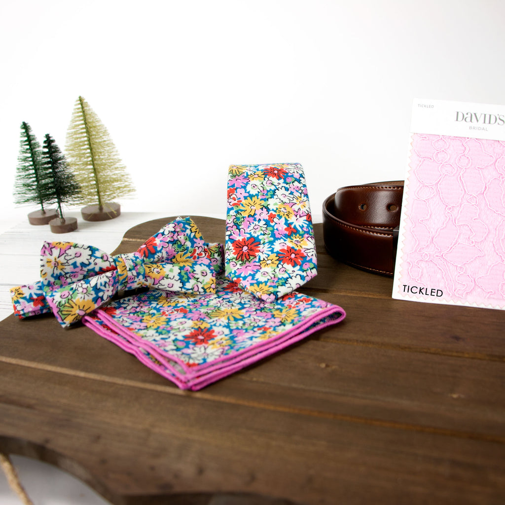 Men's Cotton Printed Floral Skinny Tie, Blue Yellow (Color F70)