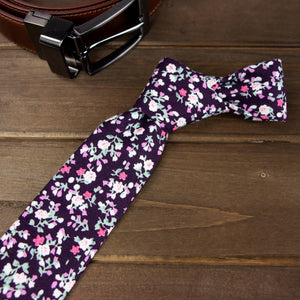 Men's Floral Necktie and Pocket Square Handkerchief Hanky Set, Purple (Color F20)