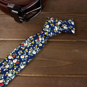 Men's Floral Necktie and Pocket Square Handkerchief Hanky Set, Navy (Color F21)