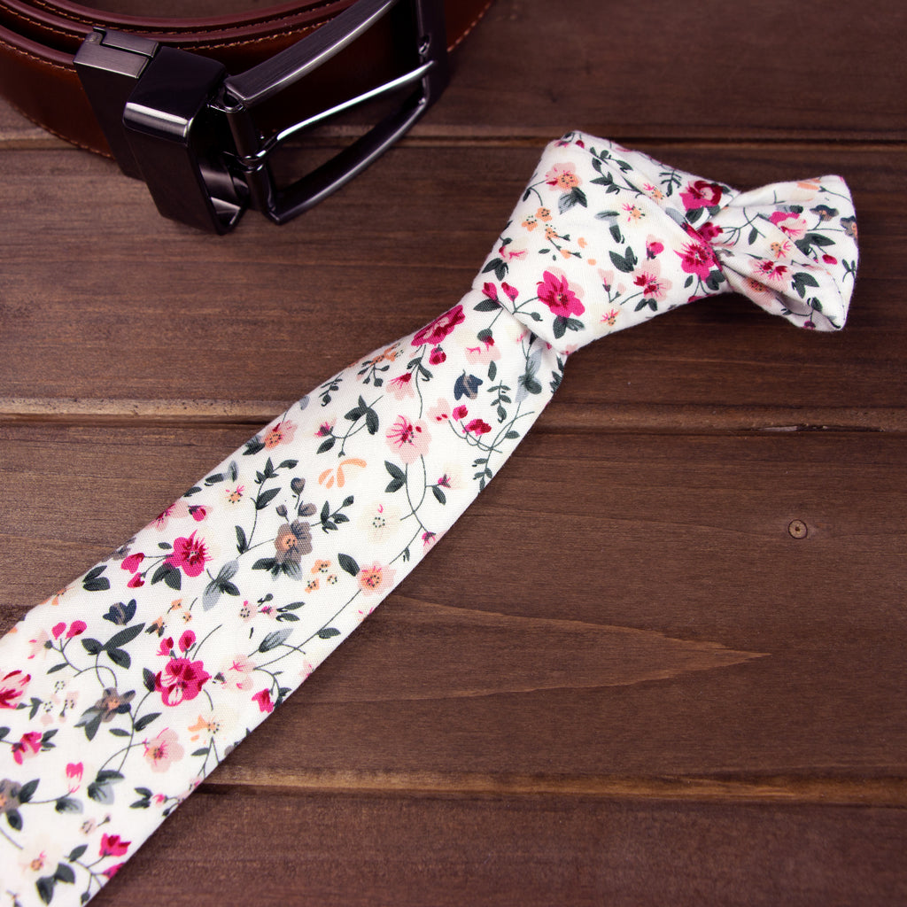 Men's Floral Necktie and Pocket Square Handkerchief Hanky Set, White (Color F22)
