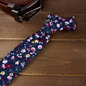 Men's Floral Necktie and Pocket Square Handkerchief Hanky Set, Navy (Color F23)