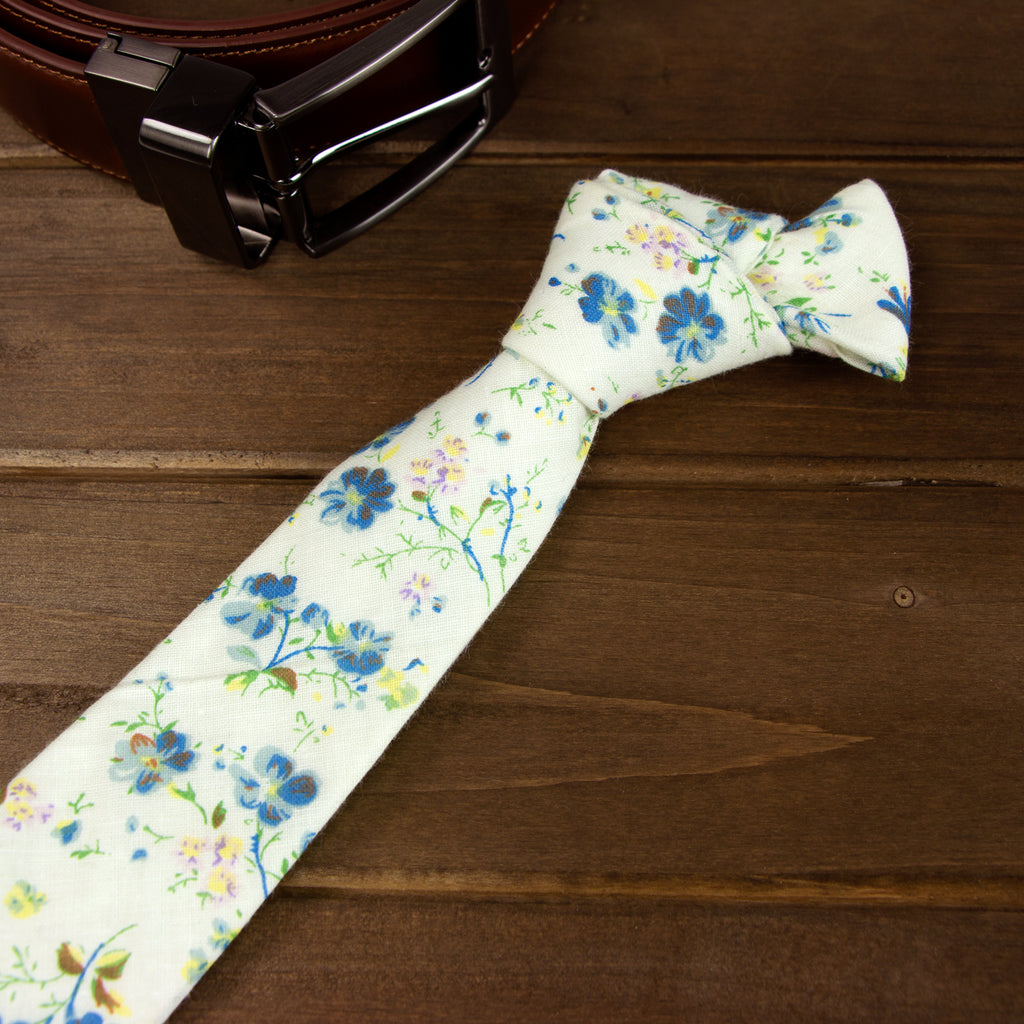 Men's Floral Necktie and Pocket Square Handkerchief Hanky Set, Blue (Color F26)