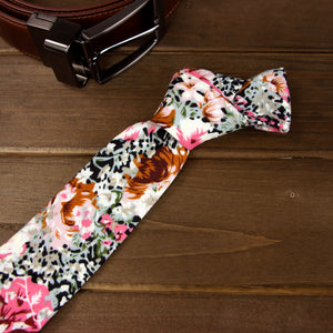Men's Floral Necktie and Pocket Square Handkerchief Hanky Set, Black Pink (Color F34)