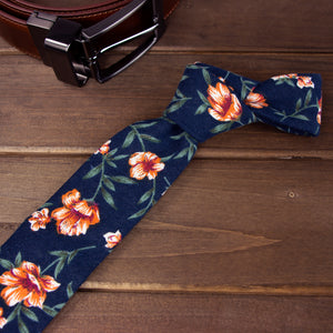 Men's Floral Necktie and Pocket Square Handkerchief Hanky Set, Navy Orange (Color F35)