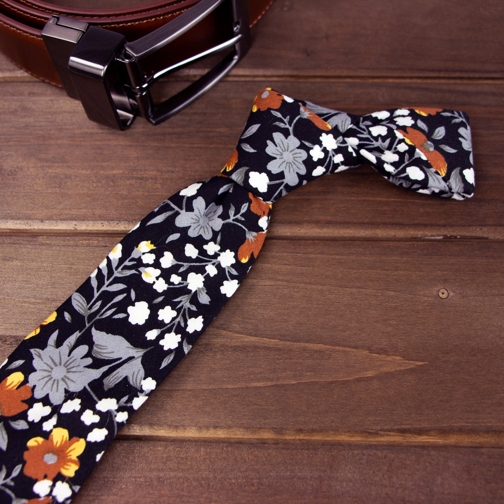 Men's Floral Necktie and Pocket Square Handkerchief Hanky Set, Black Mustard (Color F41)