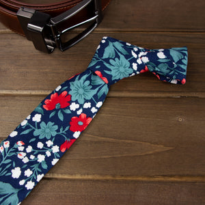 Men's Floral Necktie and Pocket Square Handkerchief Hanky Set, Blue Red (Color F42)